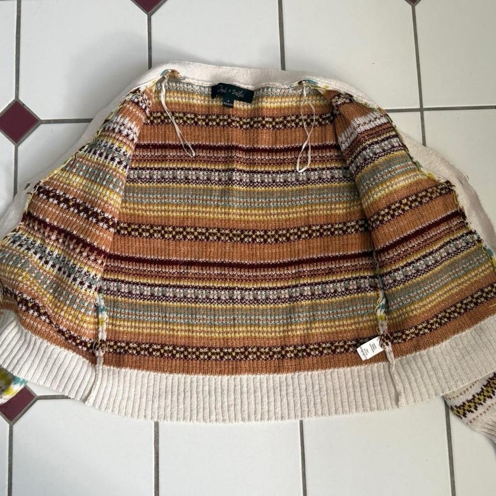 Cottagecore Multicolor Zig Zag Fair Isle Striped Knit Cropped V-Neck Cardigan M - Picture 4 of 7